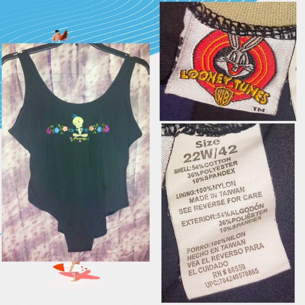 Warner Bros Looney Tunes Tweety Bird Blk/Multiclr Soft Knit 1Pc Swimsuit 22W/42
